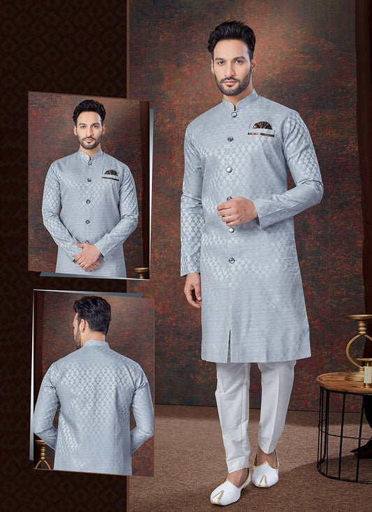 Plain Jacquard Grey Indo Western - M7681