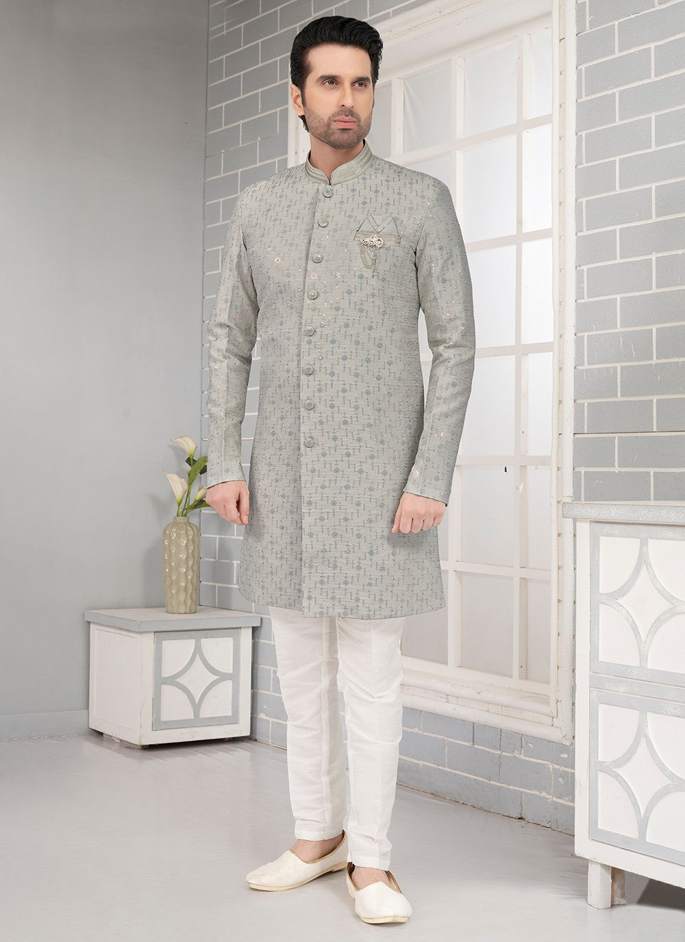 Fancy Work Brocade, Jacquard Silk Grey Indo Western - M6475