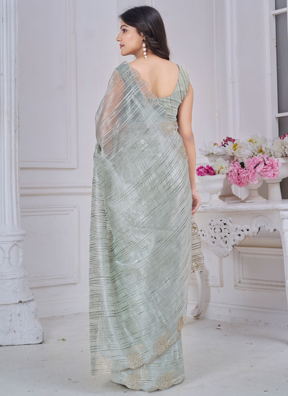 Cut Work Jacquard Grey Trendy Saree S14973