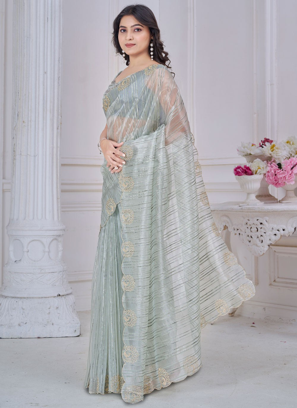 Cut Work Jacquard Grey Trendy Saree S14973