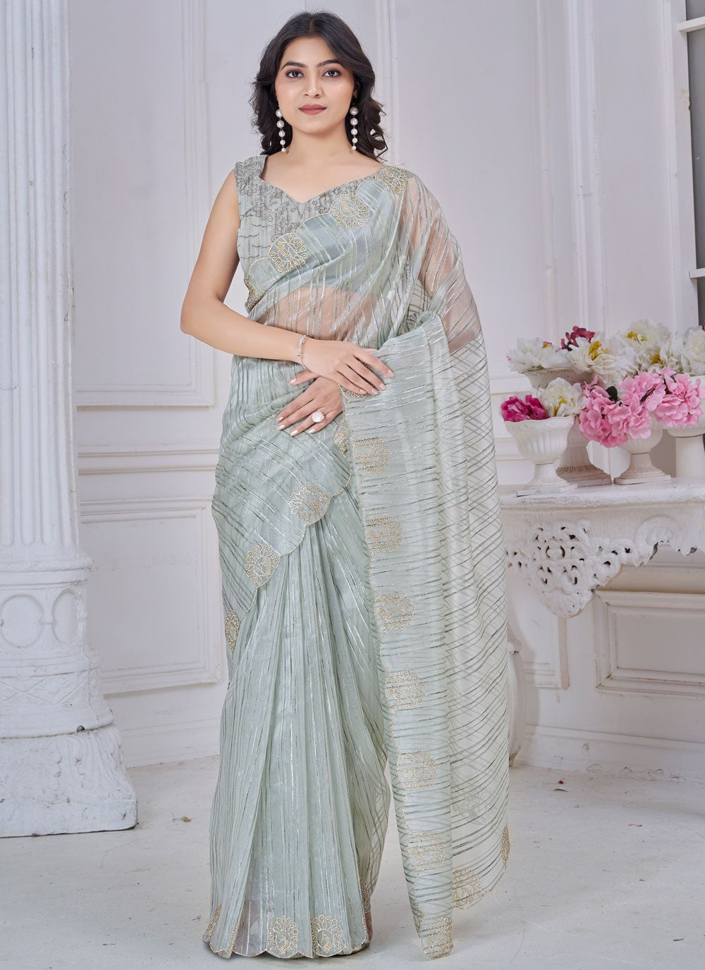 Cut Work Jacquard Grey Trendy Saree S14973