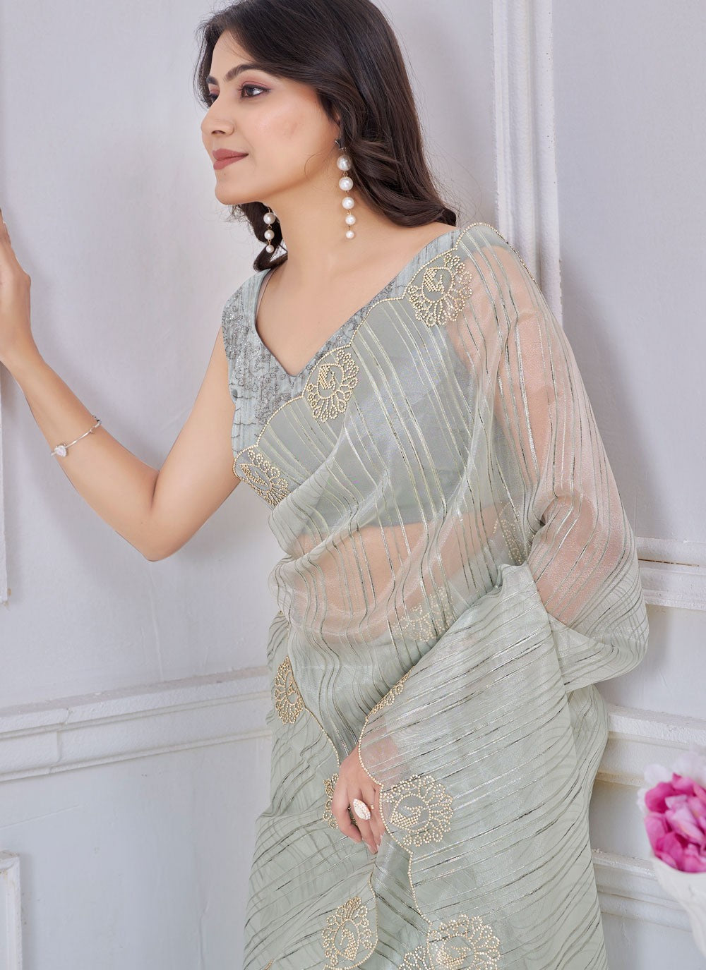 Cut Work Jacquard Grey Trendy Saree S14973