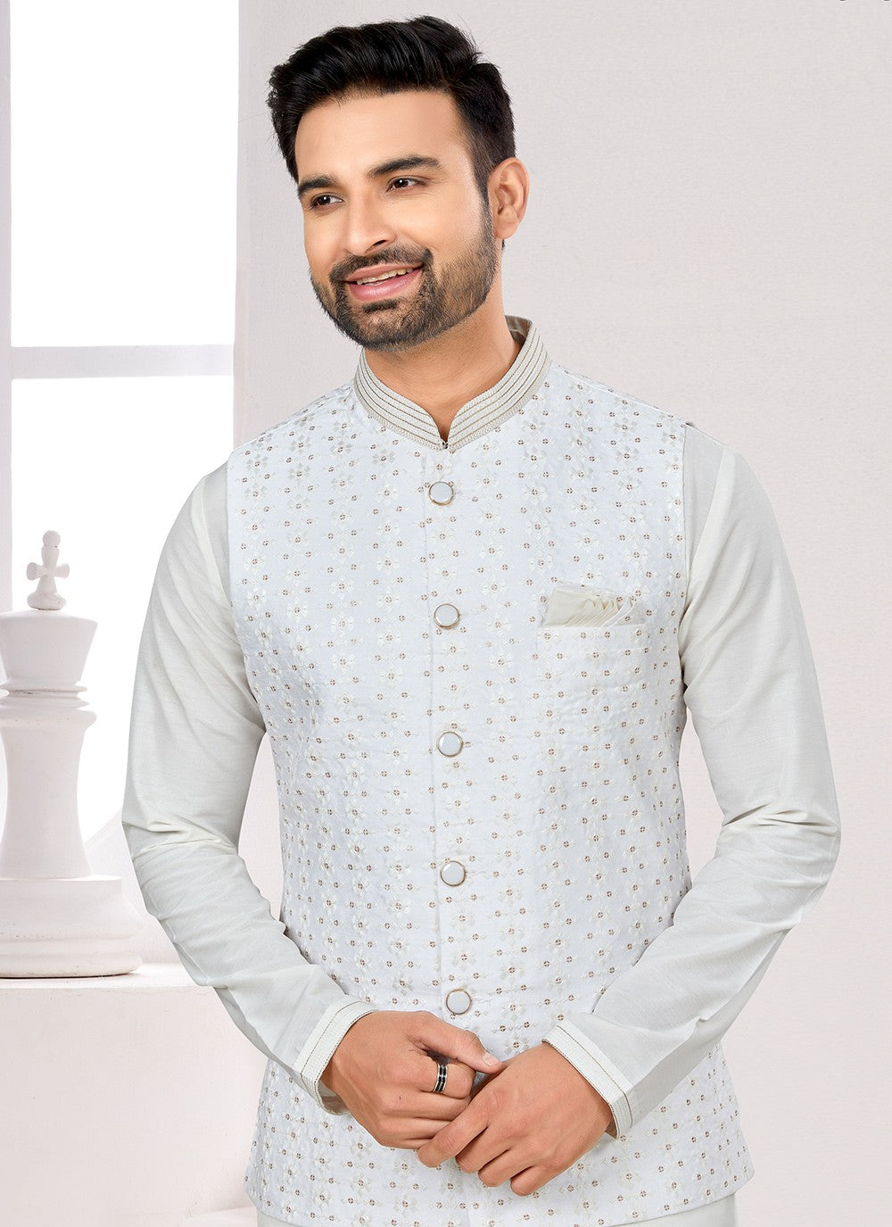 Thread Jacquard Grey Kurta Payjama With Jacket - M6703