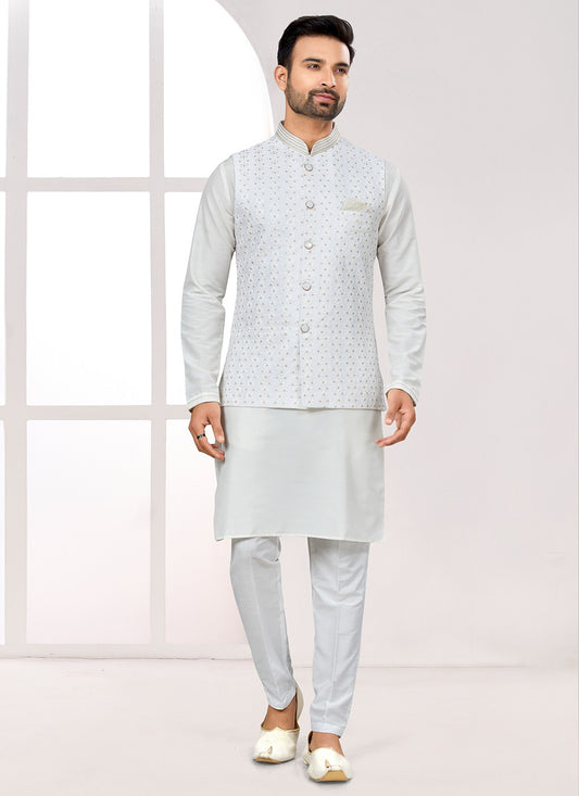 Thread Jacquard Grey Kurta Payjama With Jacket - M6703