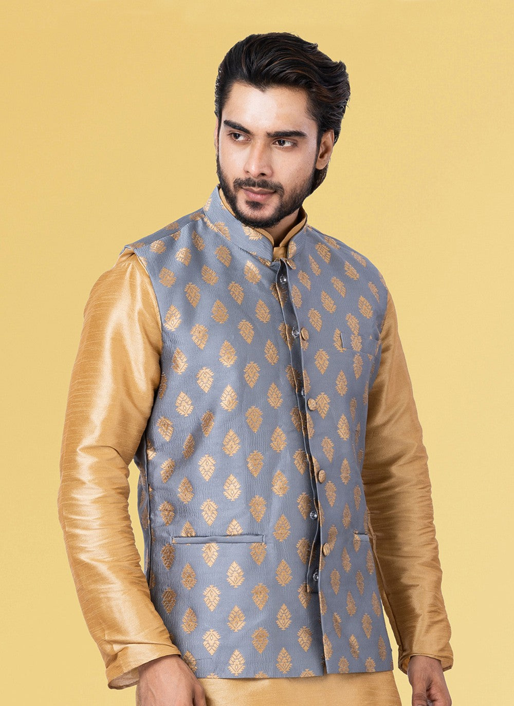 Jacquard Work Silk Grey Nehru Jackets - M7443