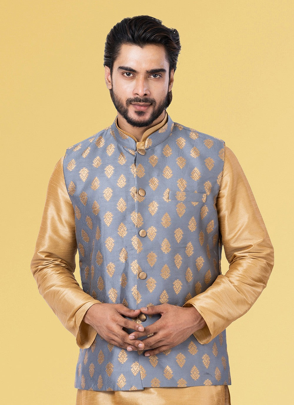 Jacquard Work Silk Grey Nehru Jackets - M7443