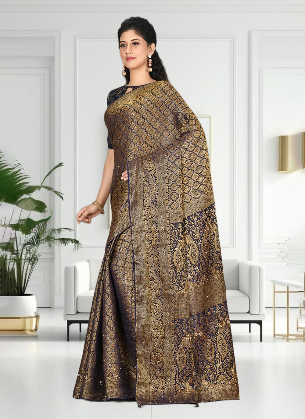 Classic Hand Embroidery Brasso Saree - S4738