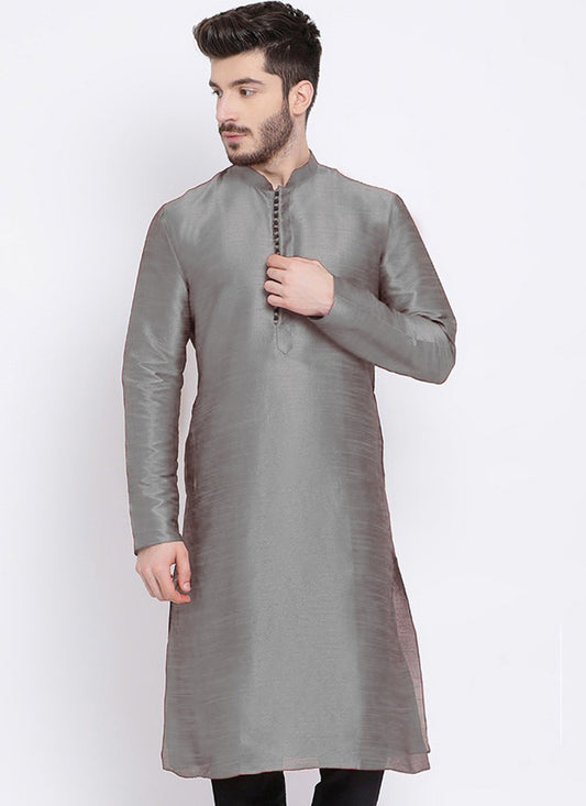 Embroidered Dupion Silk Grey Kurta - M2306