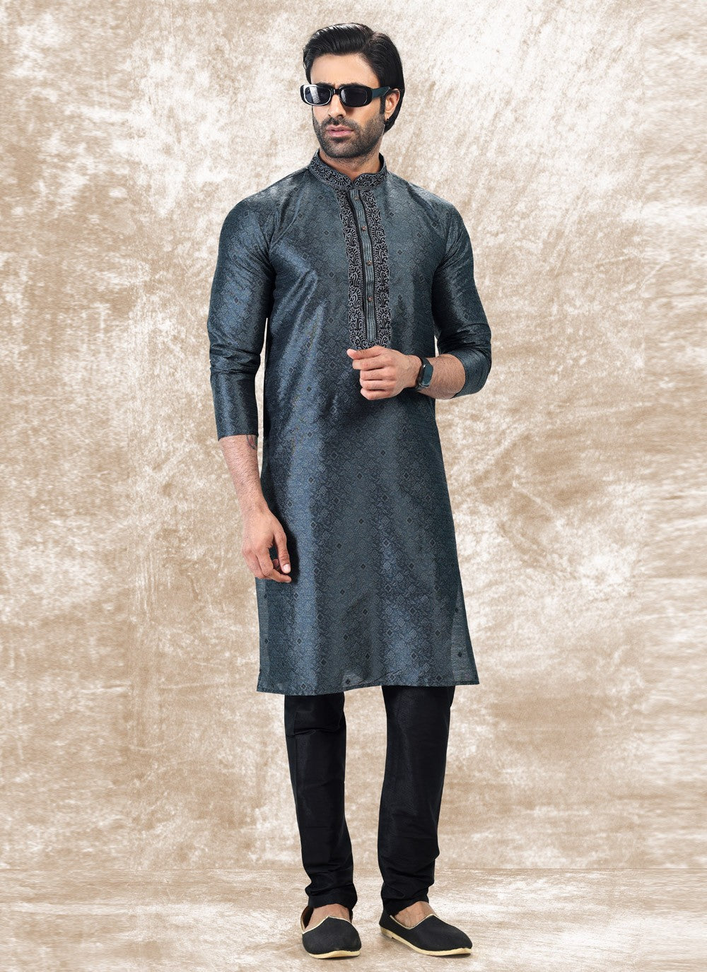 Fancy Work Brocade, Jacquard Silk Grey Kurta Pyjama - M4860