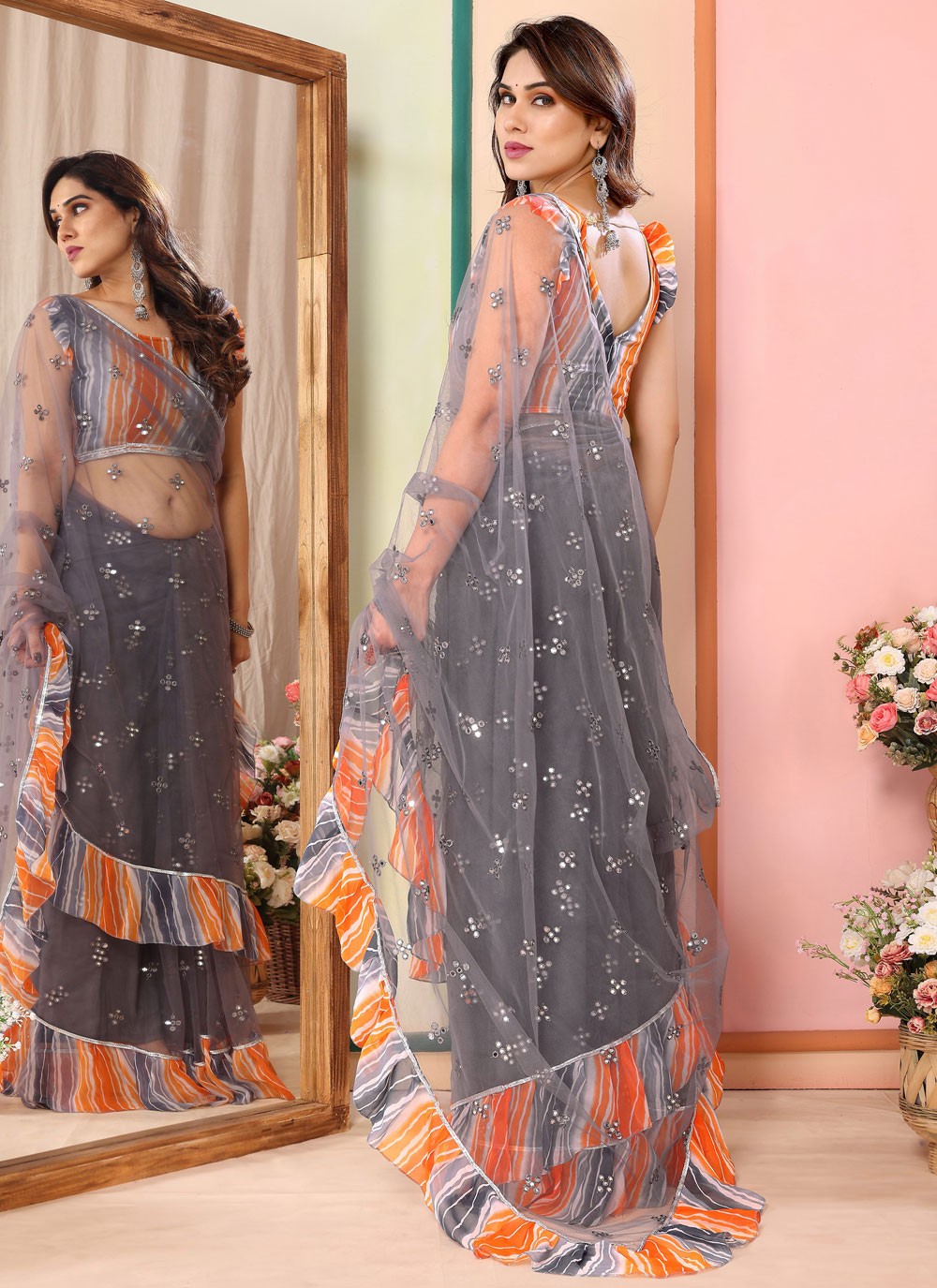 Classic Border Work Net Saree - S7540