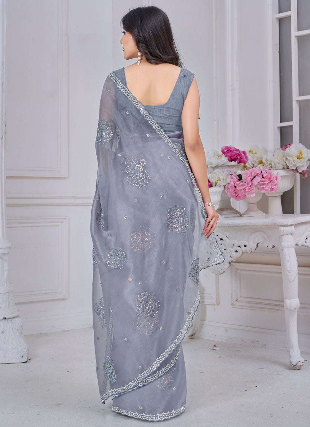 Sequins Organza Grey Contemporary Saree S15051