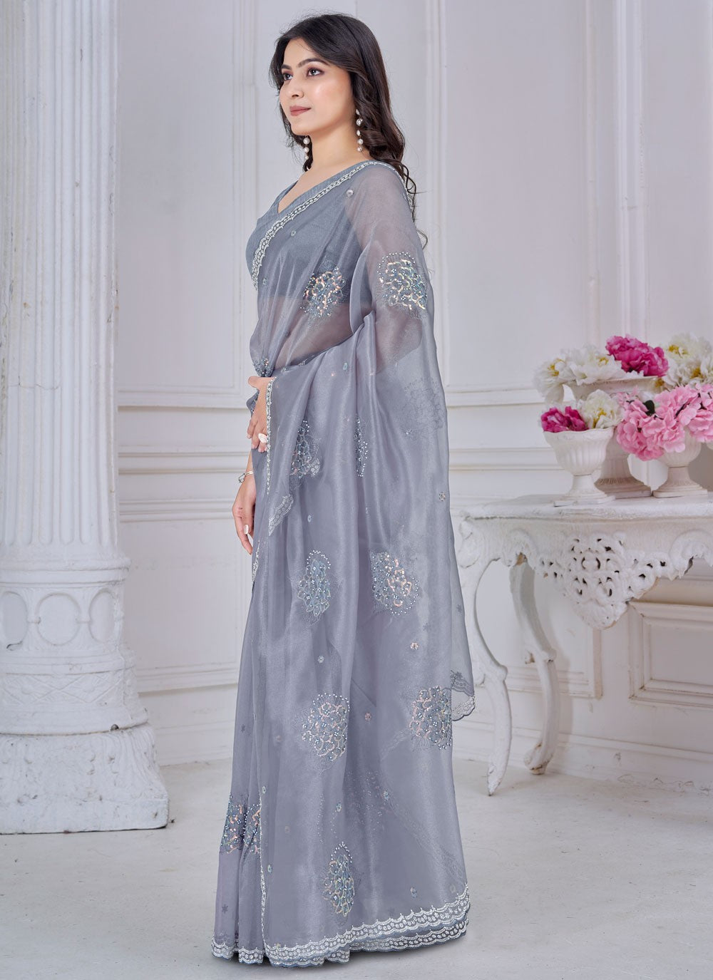 Sequins Organza Grey Contemporary Saree S15051
