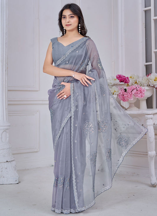 Sequins Organza Grey Contemporary Saree S15051