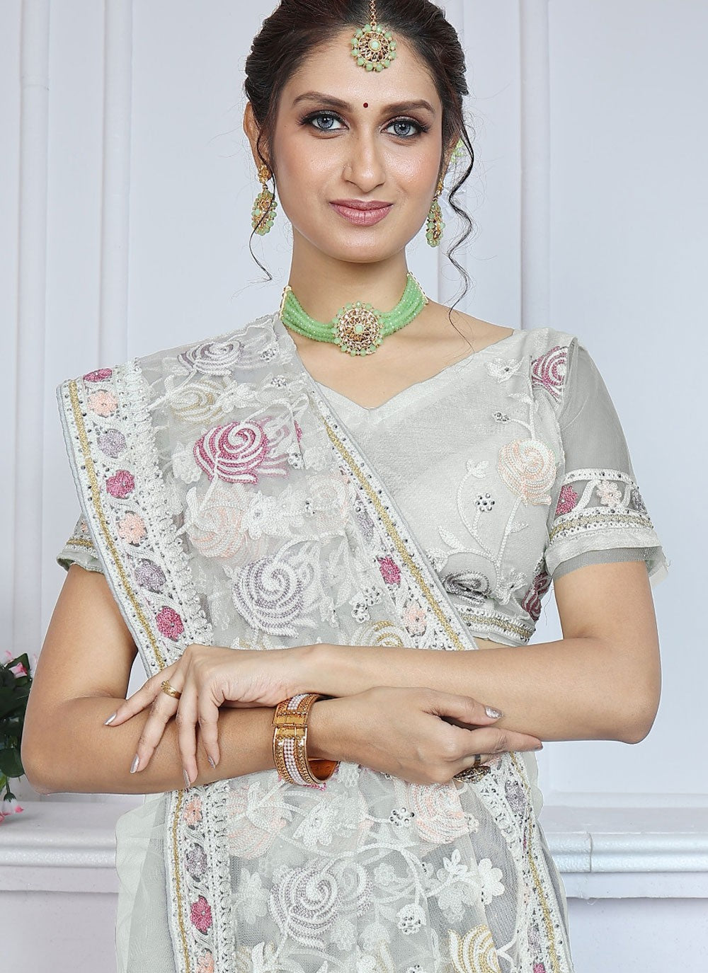 Classic Aari Work Net Saree - S8371
