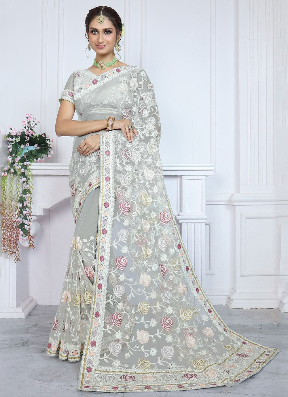 Classic Aari Work Net Saree - S8371