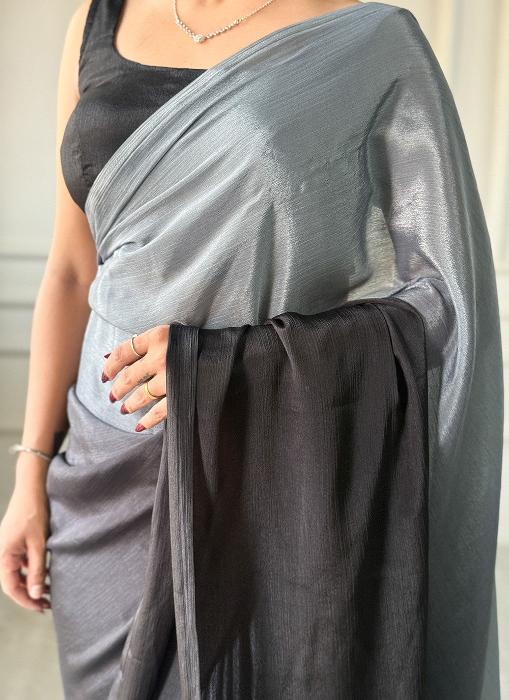 Grey Chinon Classic Saree Plain S16497