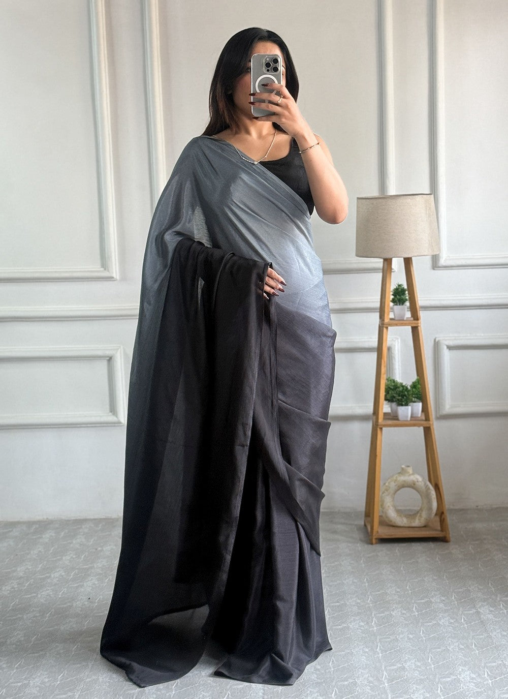 Grey Chinon Classic Saree Plain S16497