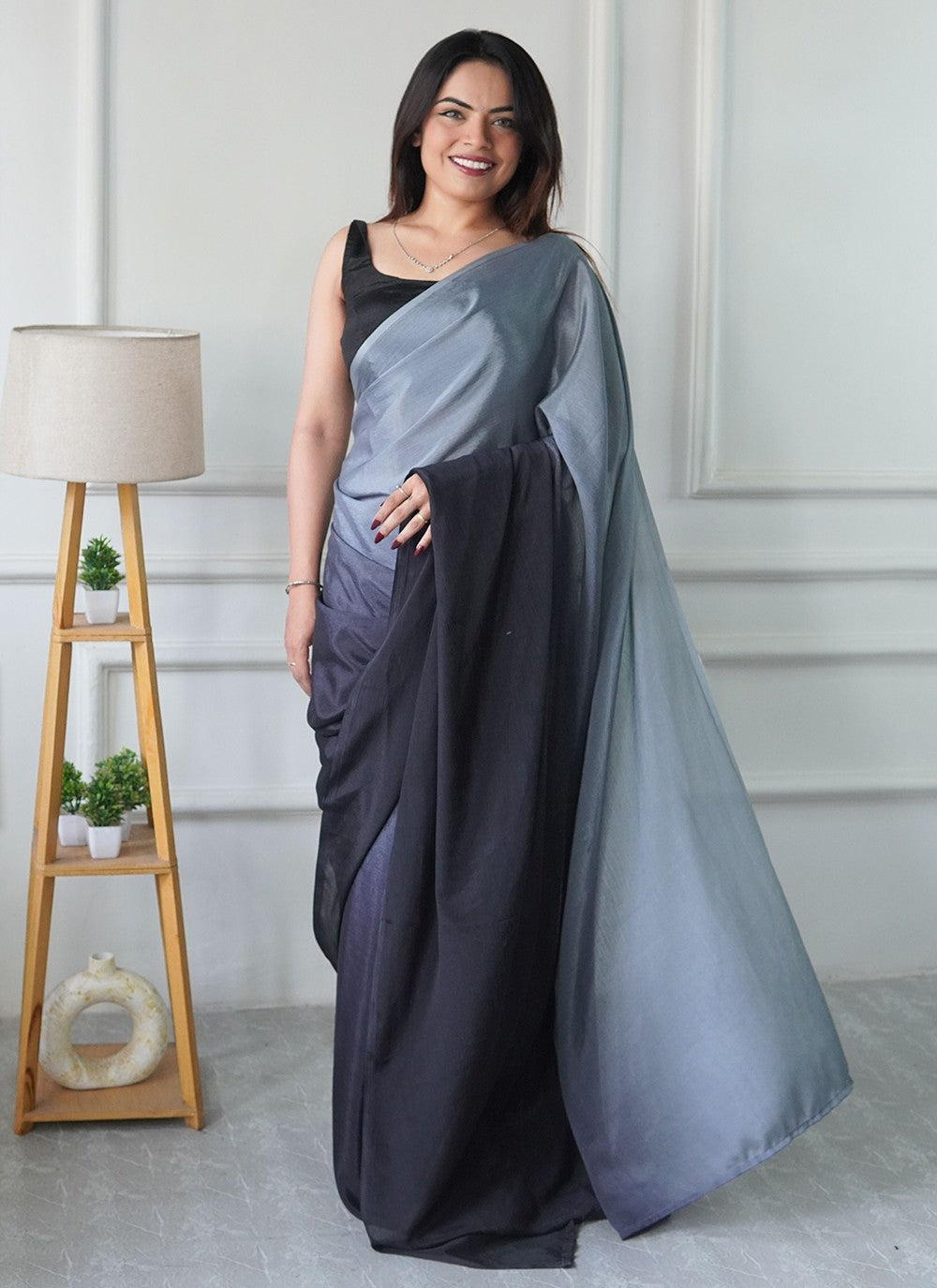 Grey Chinon Classic Saree Plain S16497