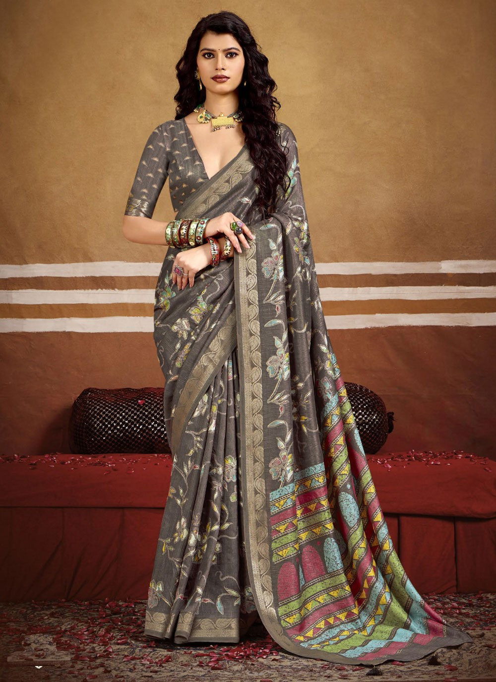 Grey Silk Classic Saree Printed, Weaving Zari S16248