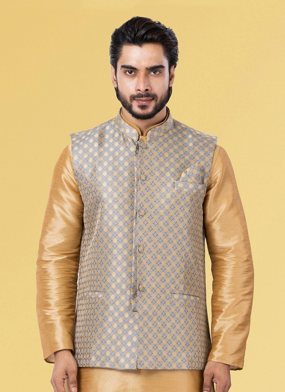 Jacquard Work Silk Grey Nehru Jackets - M7446