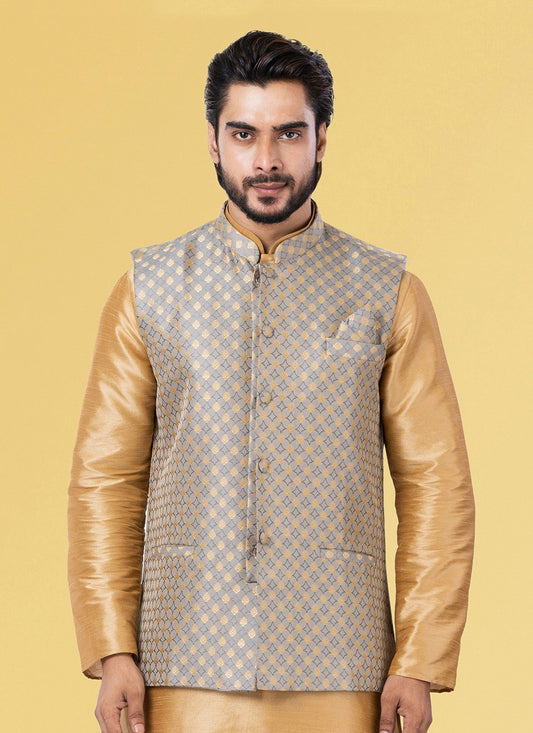 Jacquard Work Silk Grey Nehru Jackets - M7446