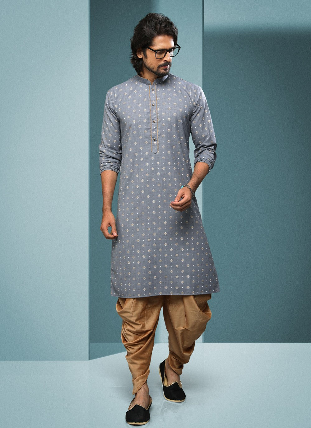 Digital Print Handloom Cotton Grey Dhoti Kurta - M4065