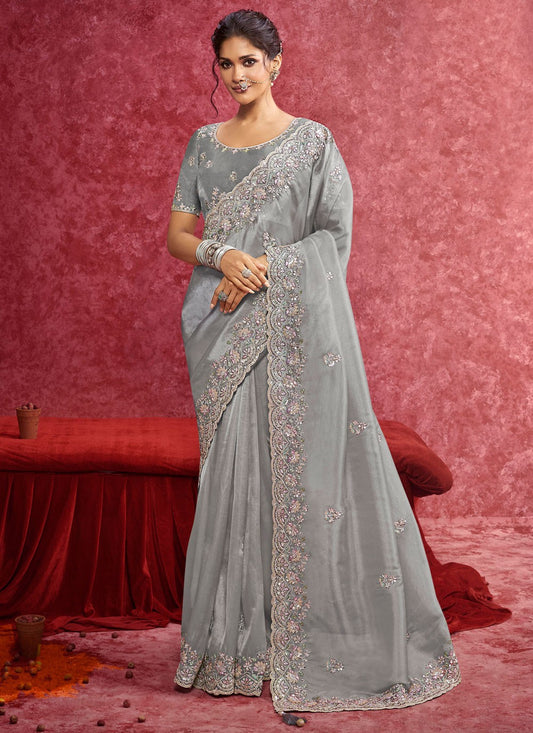 Grey Silk Trendy Saree Border Work, Cut Work, Embroidered, Sequins, Thread S19361