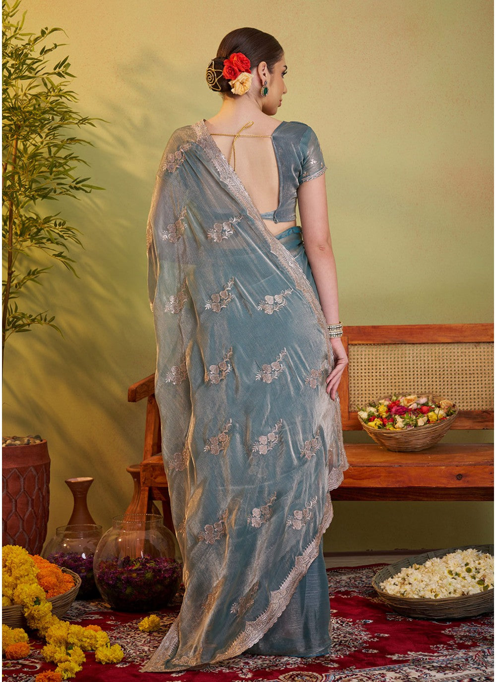 Embroidered Satin Grey Saree S14472