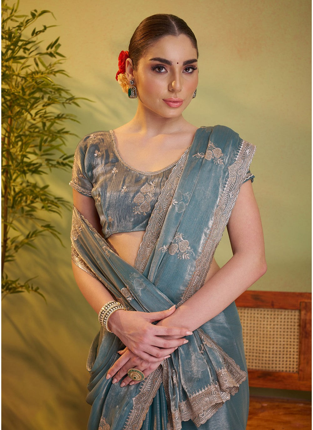 Embroidered Satin Grey Saree S14472