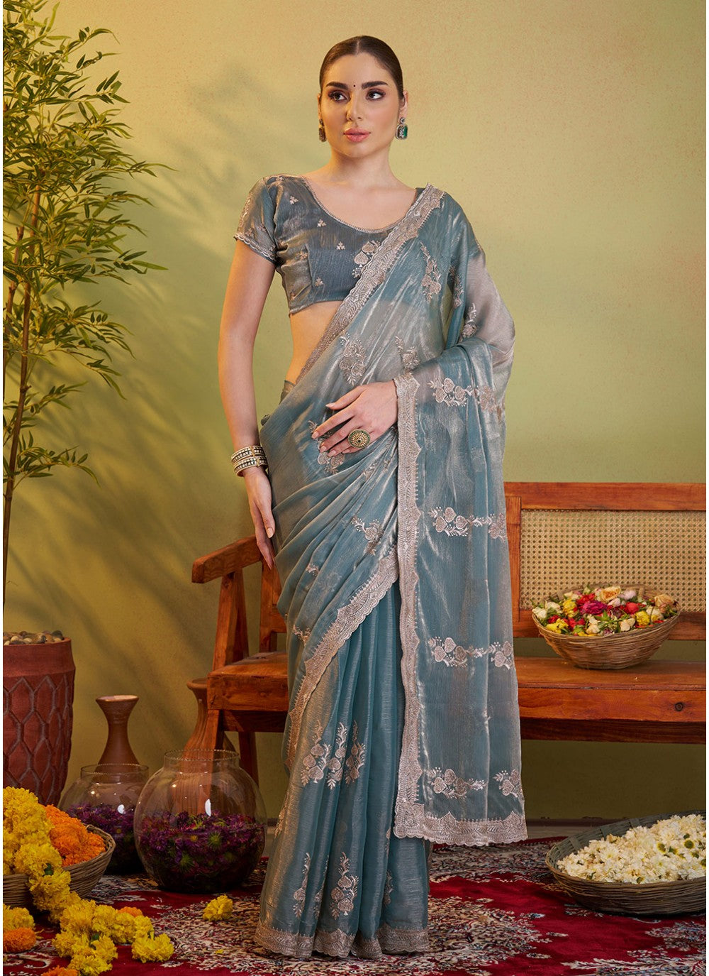 Embroidered Satin Grey Saree S14472