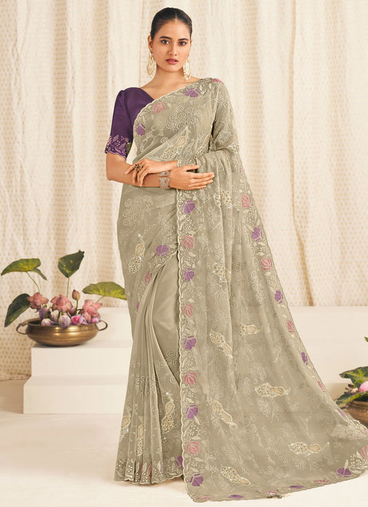 Grey Silk Classic Saree Embroidered S19919