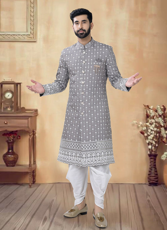 Embroidered Silk Grey Sherwani - M8524