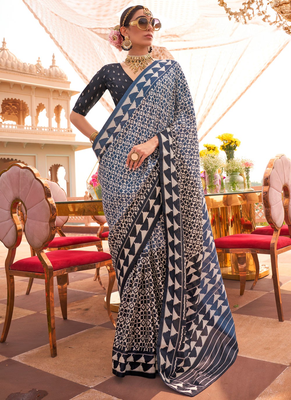 Classic Saree Geometric Print Grey Silk S12557