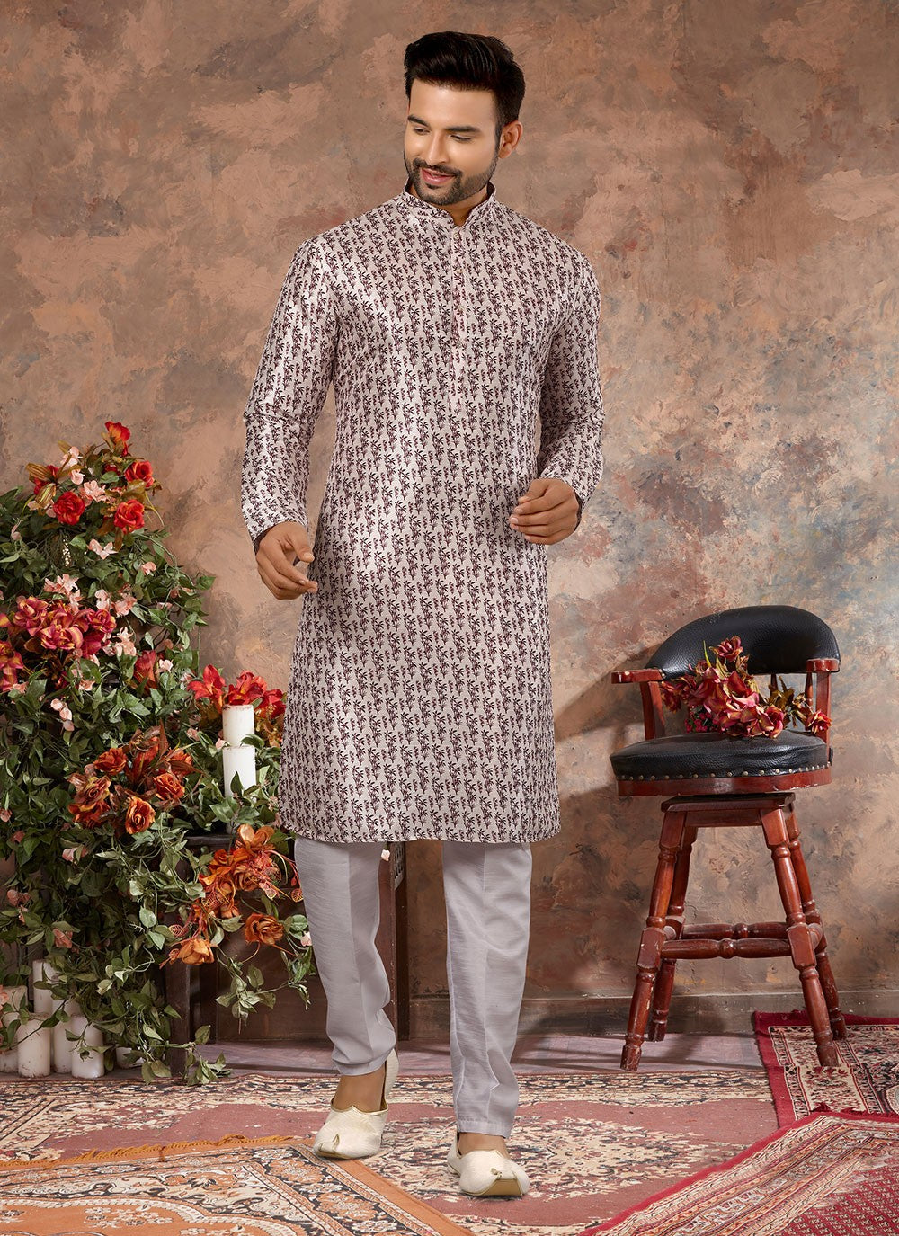 Digital Print Silk Grey Kurta - M5634