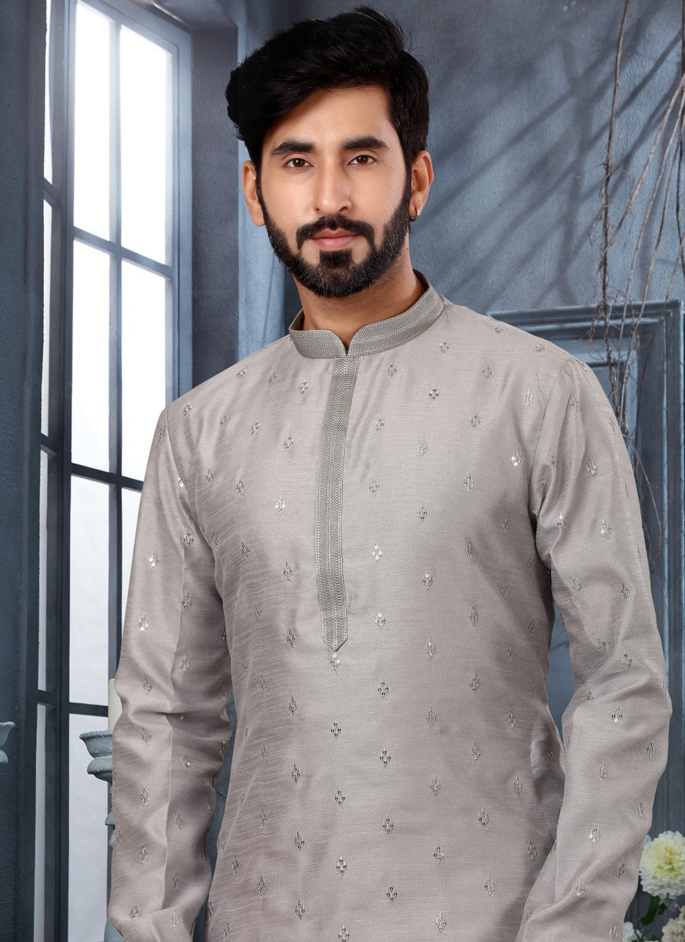 Fancy Work Silk Grey Kurta - M5635