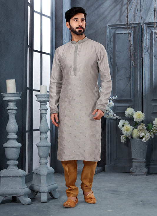 Fancy Work Silk Grey Kurta - M5635