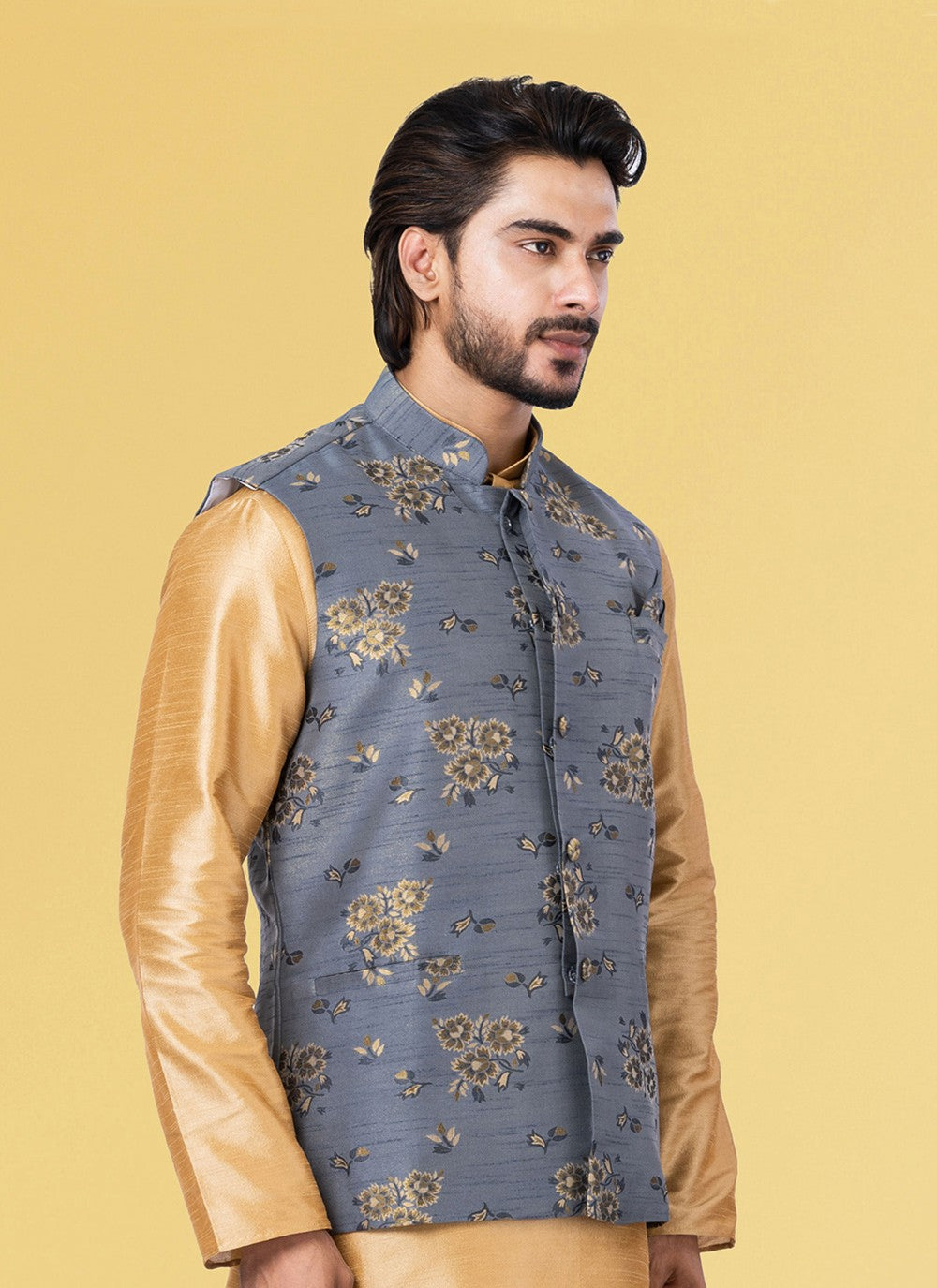 Jacquard Work Silk Grey Nehru Jackets - M7433