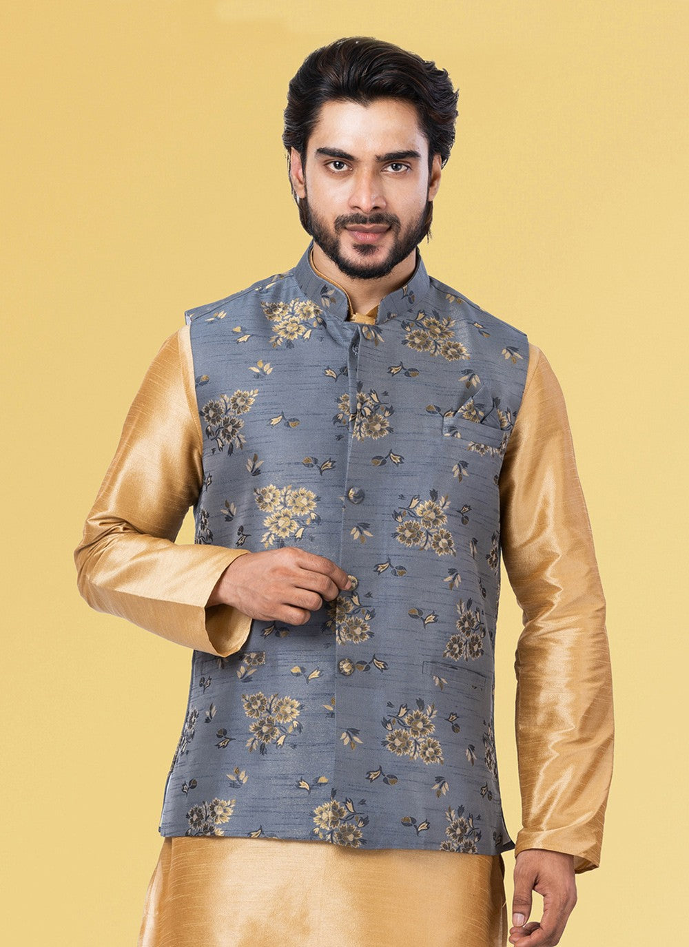 Jacquard Work Silk Grey Nehru Jackets - M7433