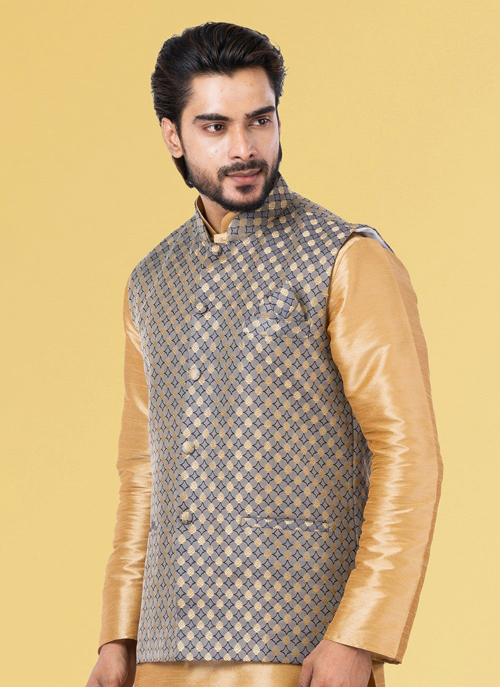 Jacquard Work Silk Grey Nehru Jackets - M7447