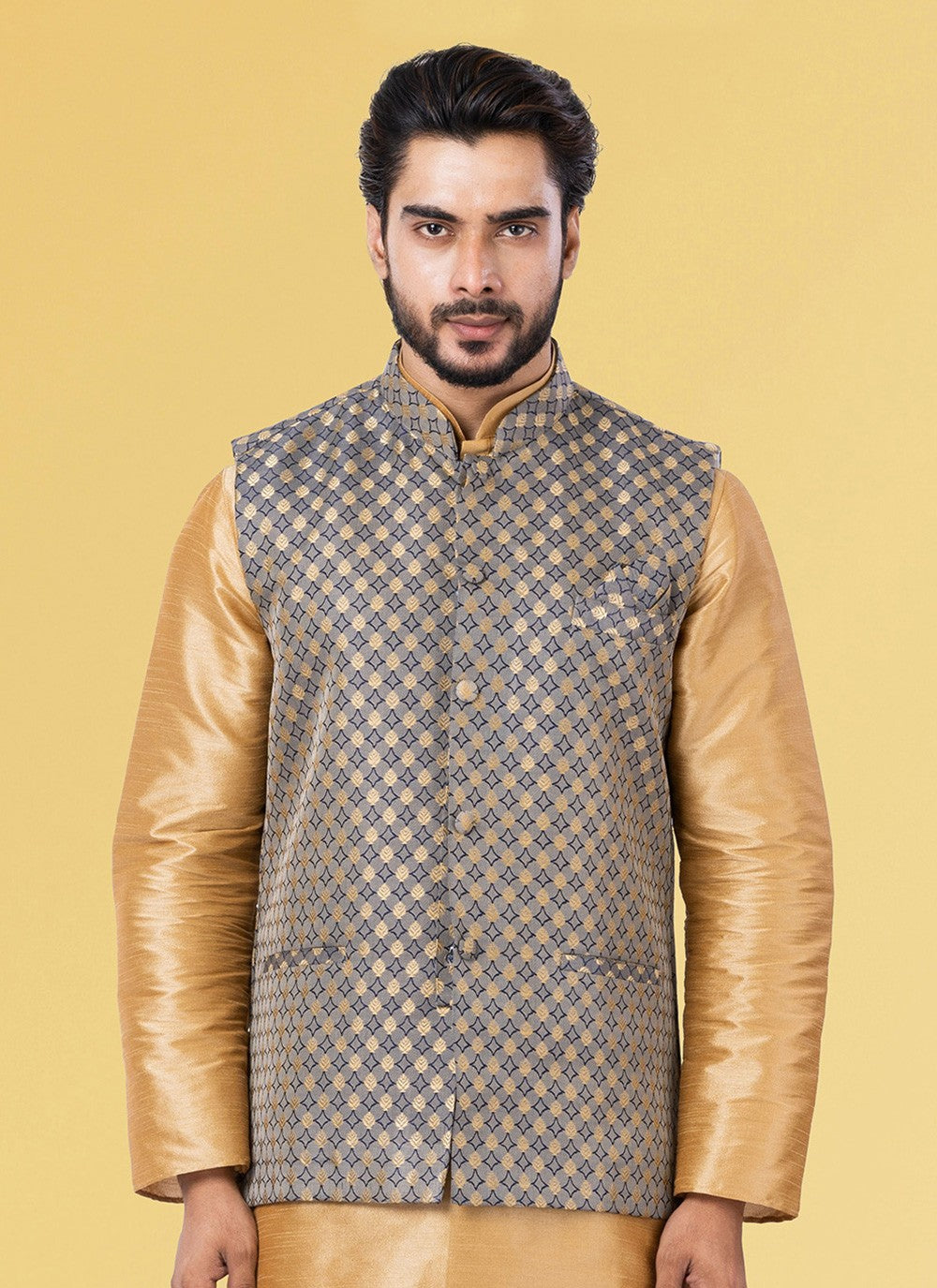 Jacquard Work Silk Grey Nehru Jackets - M7447