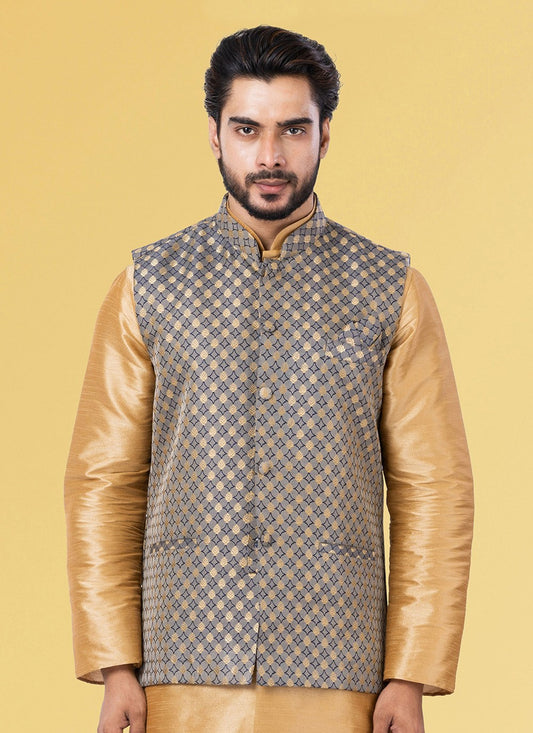 Jacquard Work Silk Grey Nehru Jackets - M7447