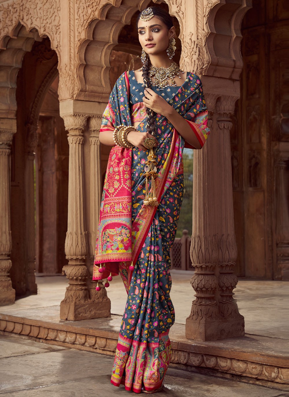 Grey Silk Trendy Saree Printed S19695