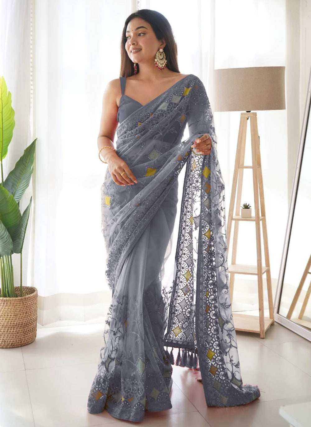 Embroidered Net Grey Saree S14393