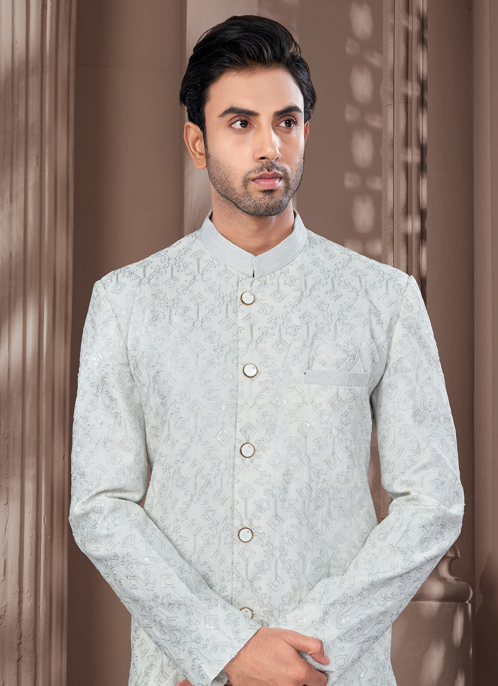 Buttons Silk Grey Indo Western - M8636