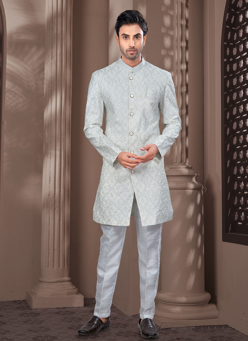 Buttons Silk Grey Indo Western - M8636