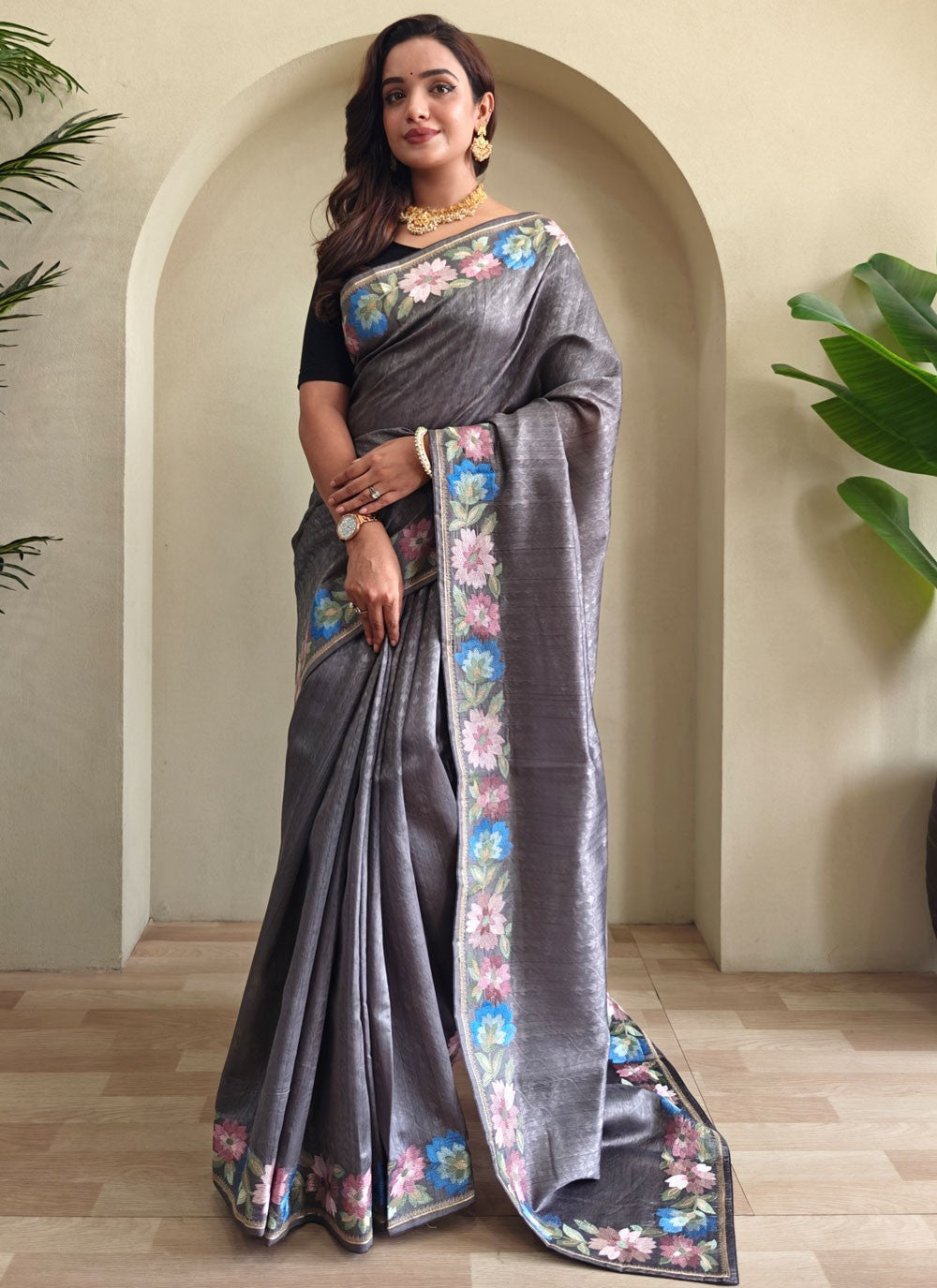 Grey Tussar Silk Classic Saree Border Work, Thread S17284