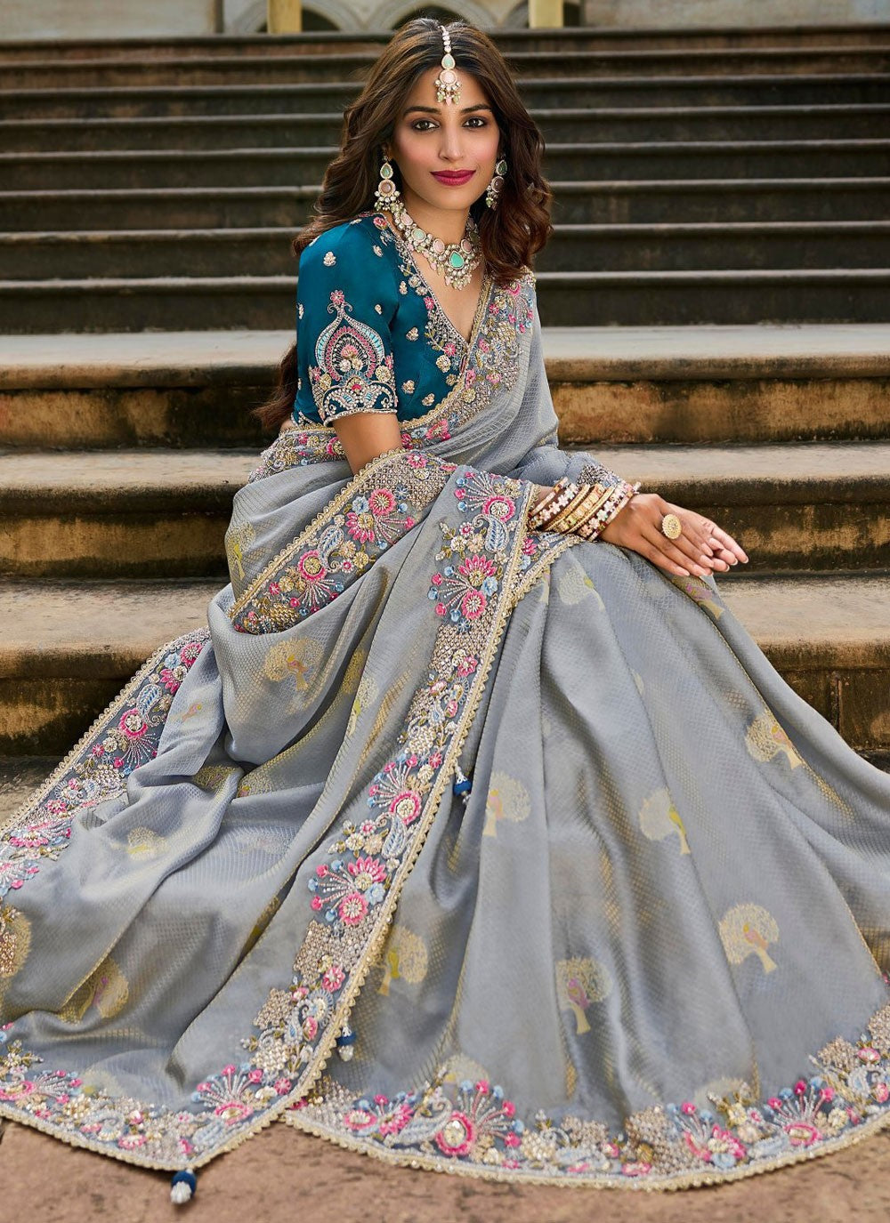 Grey Satin Contemporary Saree Beads S19795