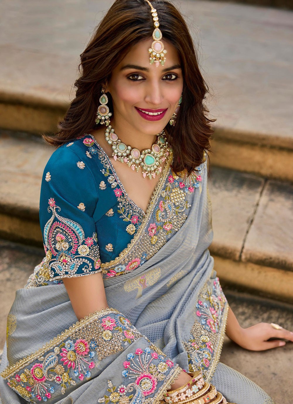 Grey Satin Contemporary Saree Beads S19795