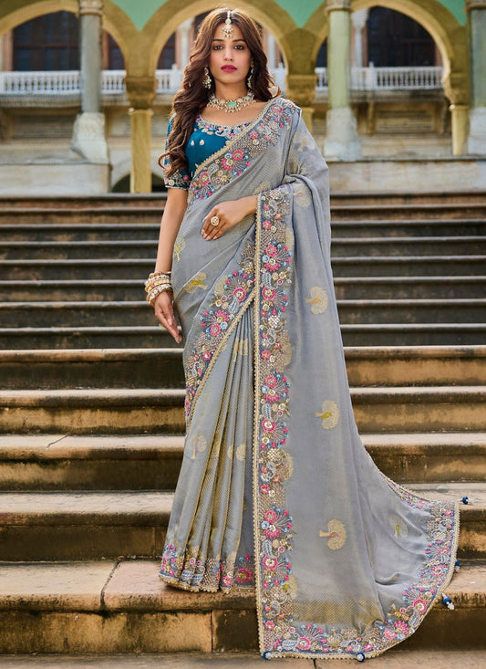 Grey Satin Contemporary Saree Beads S19795