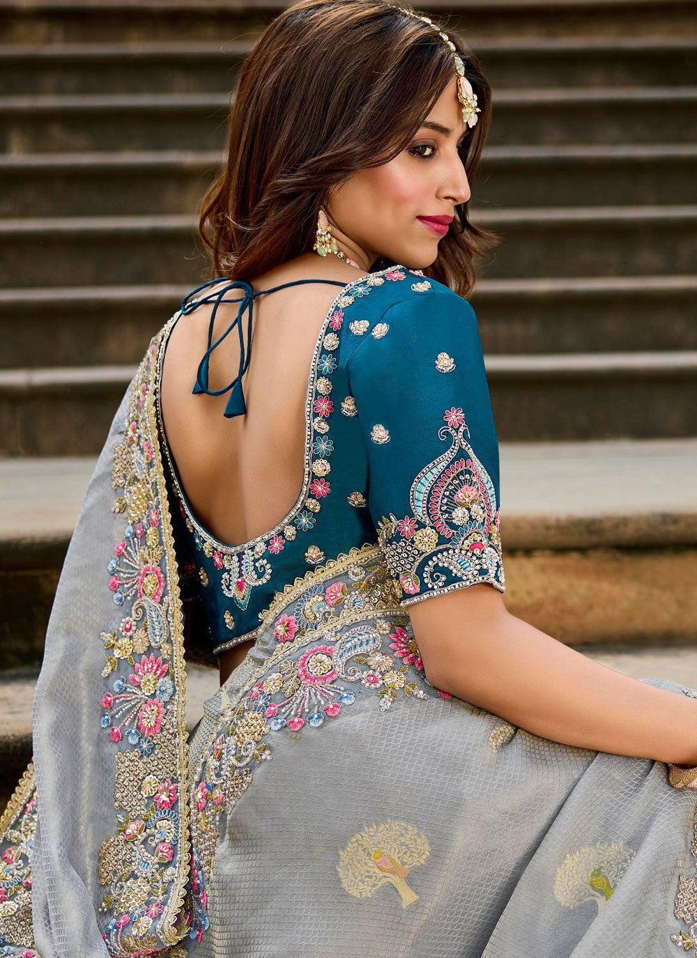 Grey Satin Contemporary Saree Beads S19795